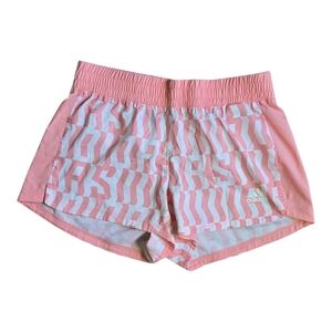 Adidas Pink and White Athletic Shorts with Striped Design